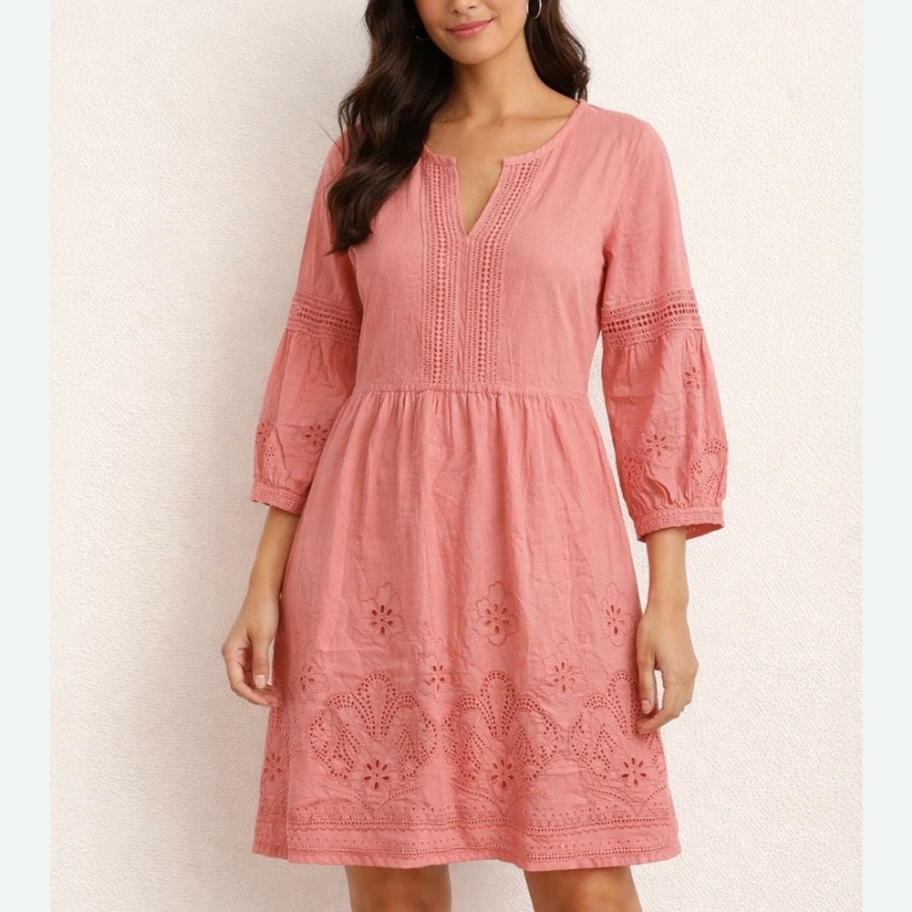 Tommy Bahama Pink Linen Blend Eyelet Dress, Sz L